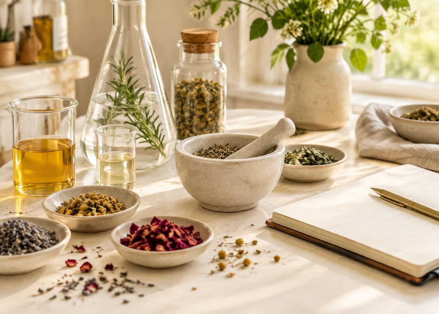 Close-up of raw plant materials before formulation
